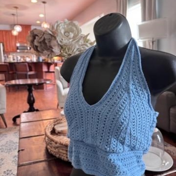 Blue Crochet Halter Knit‎ Top - Picture 2 of 4
